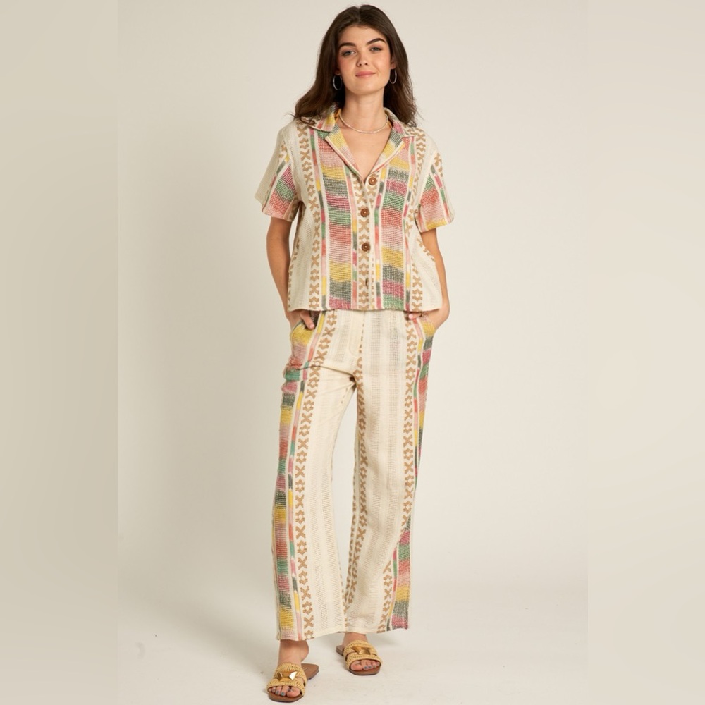 NEW! Embroidered Boho Pants in Cream Multicolor Vacation Resortwear Size L
